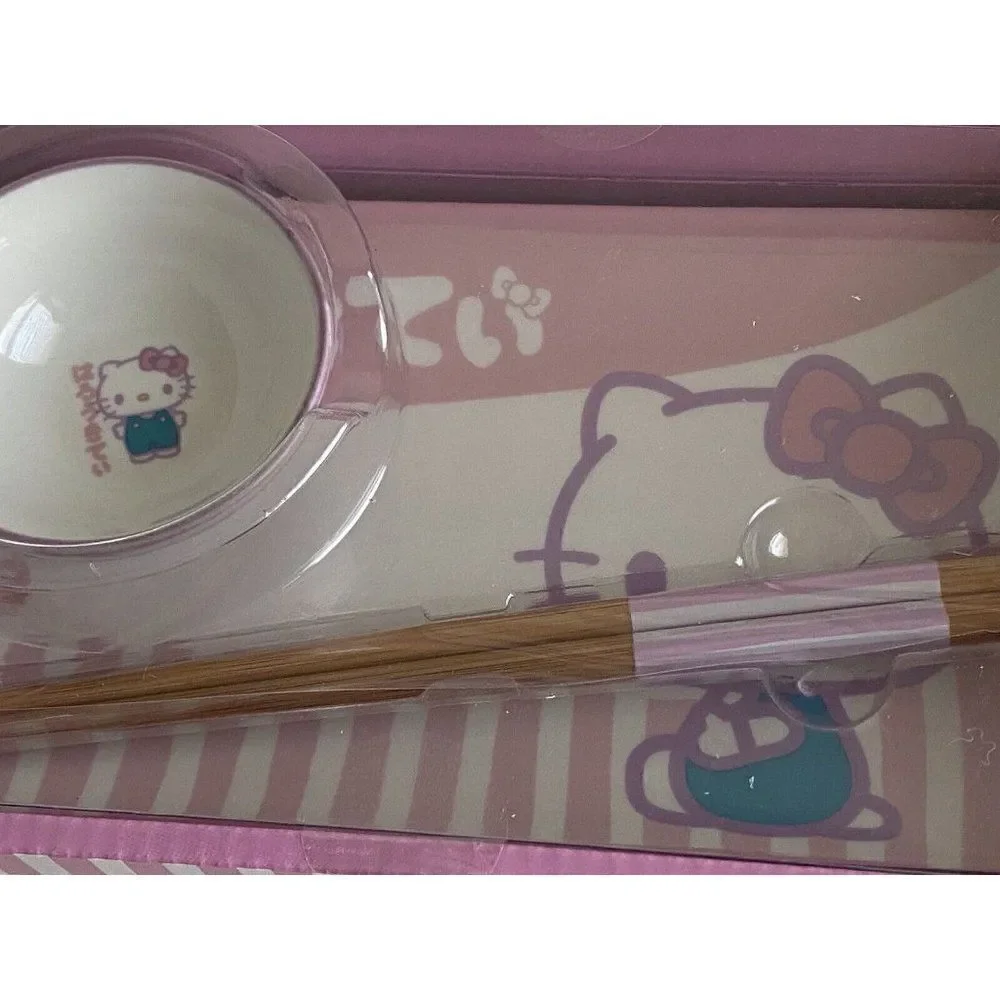 3 Piece Sanrio Hello Kitty Pink Ceramic Sushi Set With Sauce Bowl and Chopsticks